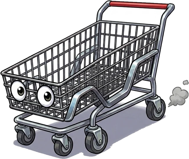 The cart, eyes open, with a red handle grip and a small puff of exhaust.