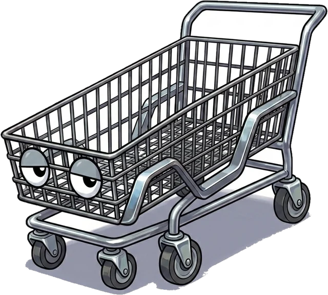 A plain chrome shopping cart with sleepy half-closed eyes.