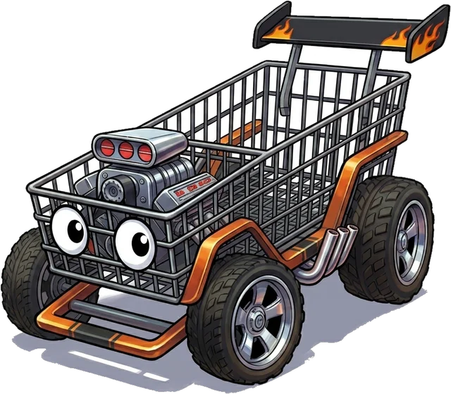 The cart as a full hot rod: a blower engine, chrome exhaust, and a flame-decal spoiler.