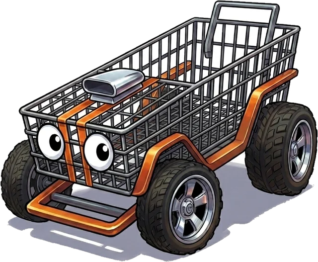 The cart with orange racing stripes, a hood scoop, and knobby off-road tires.