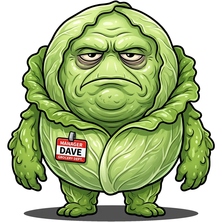 Manager Dave — a large, magnificently unimpressed iceberg lettuce wearing a Grocery Dept. name tag