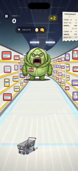 Gameplay: an omelette order ticket at the top, a running receipt of combos on the right, the cart below.