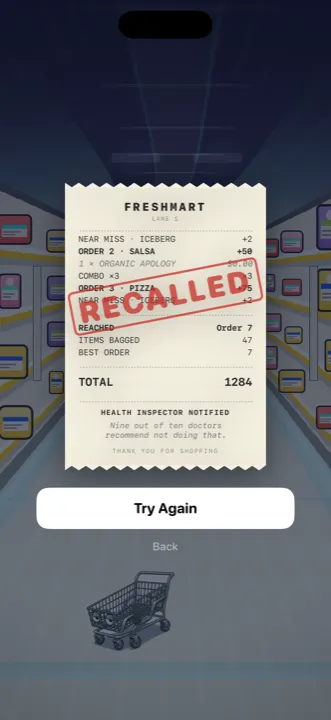 Game over screen after touching the recalled lettuce.